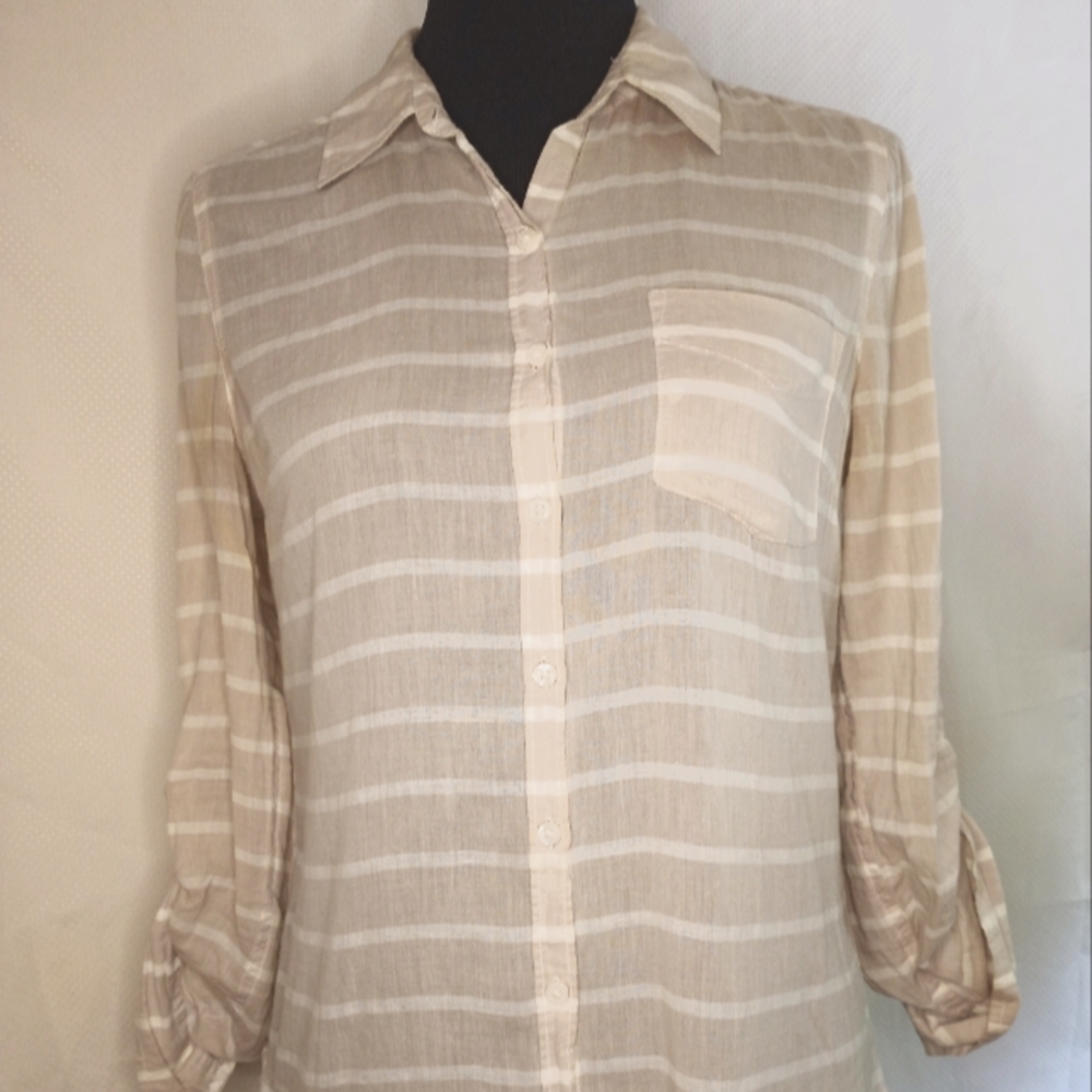 Women's Beige Striped Button Down Shirt